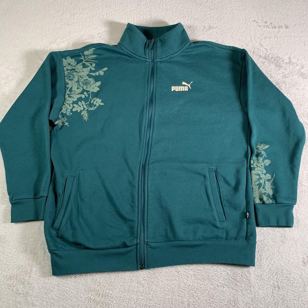 Puma Track Jacket Womens Small Teal Floral Full Zip‎ Sweatshirt Cotton Blend